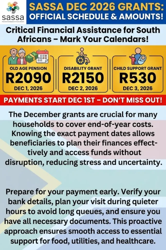 SASSA December 2026 Grants Schedule: Exact Dates for R2090, R530 & R2150 Payments