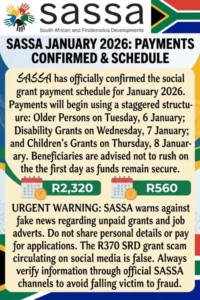 SASSA Confirms January 2026 Grant Payment Dates and Amounts Across South Africa